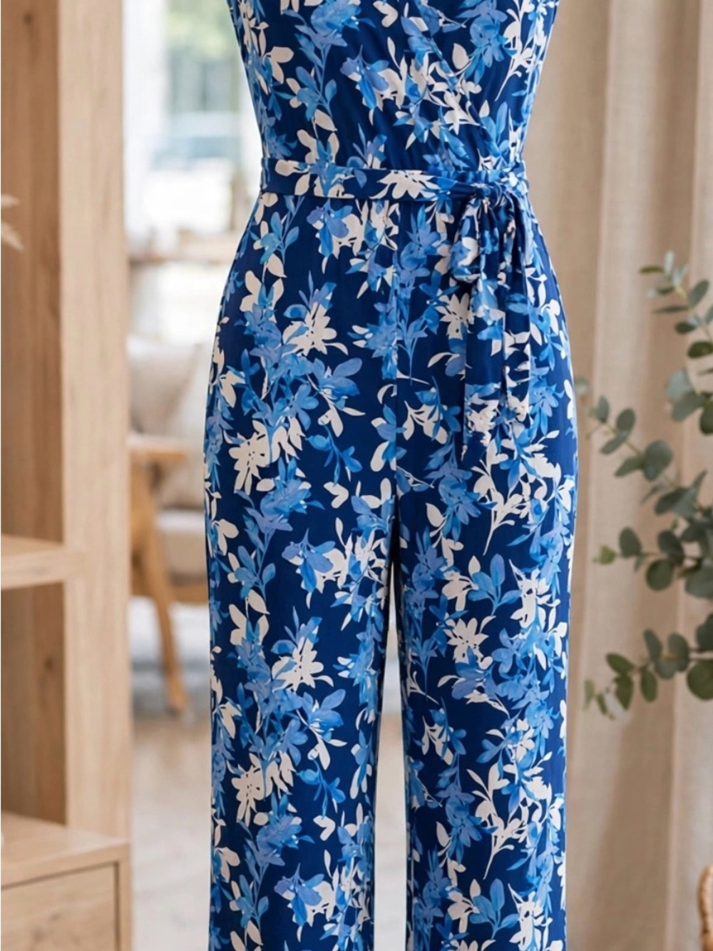 Christian Siriano Blue Floral Tie-Waist Jumpsuit